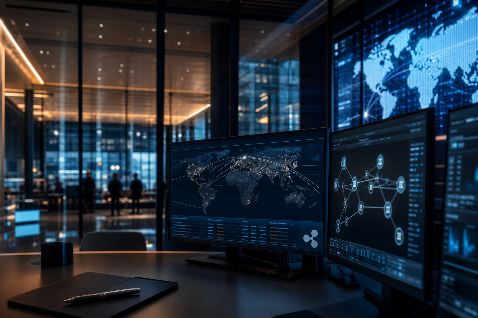 Realistisch redactioneel AI-beeld bij nieuws over RLUSD: Ripple, DBS en Franklin Templeton kondigen trading- en lending-oplossing aan op XRP Ledger