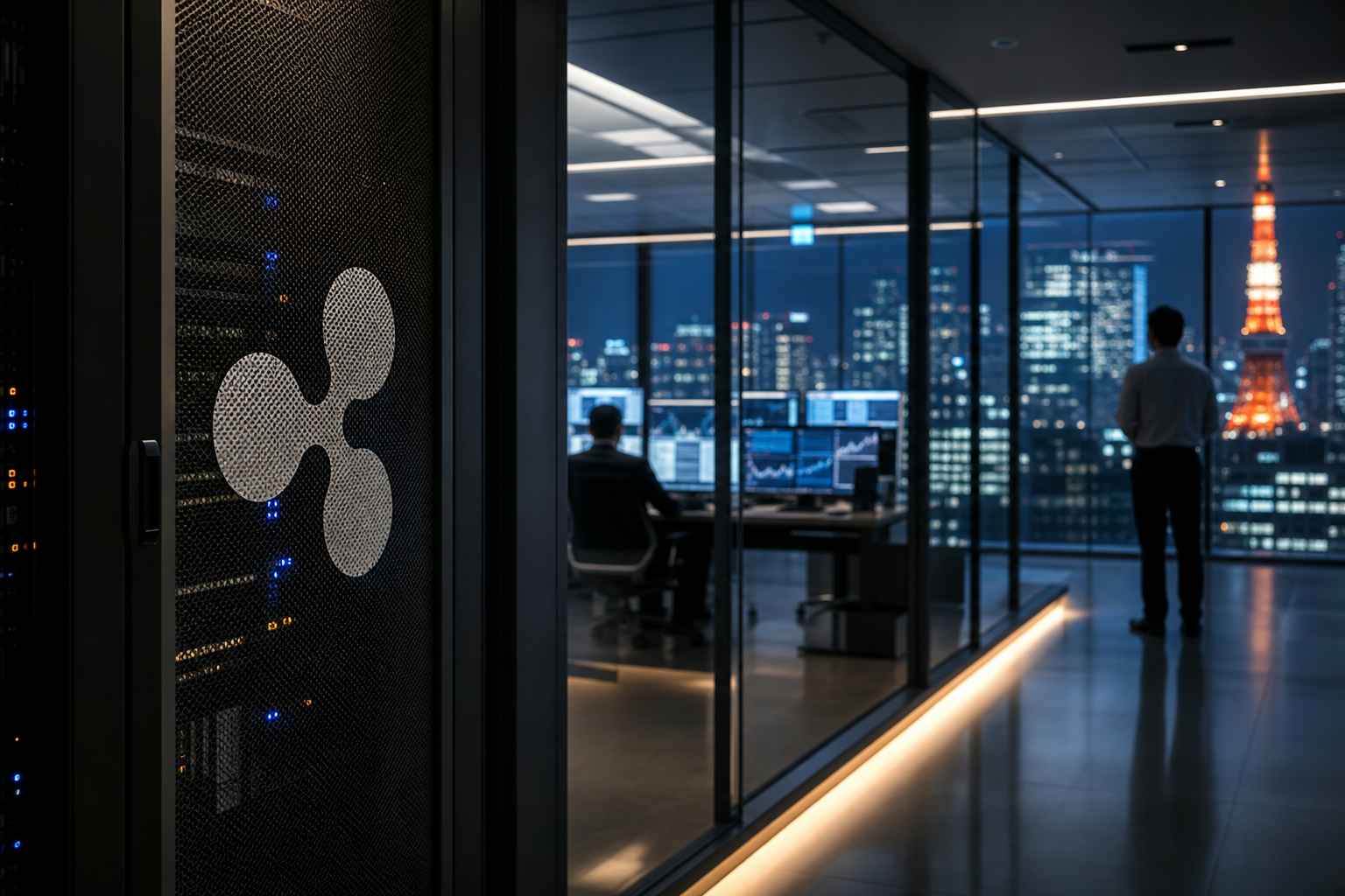 Realistisch redactioneel AI-beeld bij XRP-nieuws: Ripple en SBI lanceren stablecoin RLUSD in Japan