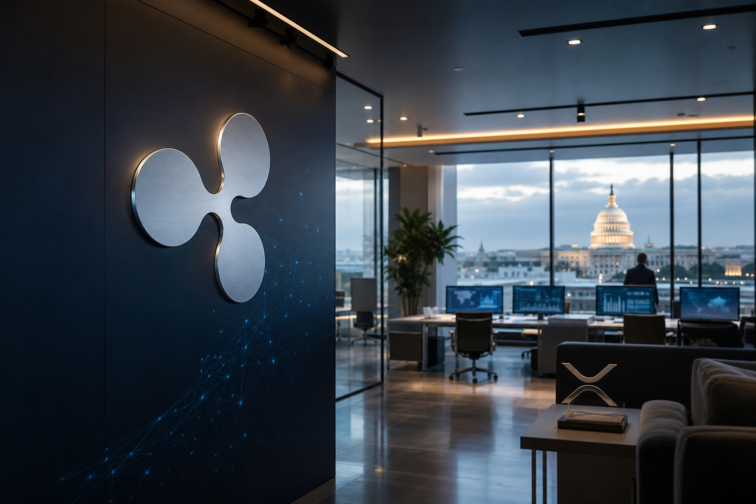 Realistisch redactioneel AI-beeld bij XRP-nieuws: Ripple opent uitgebreid kantoor in Washington D.C.